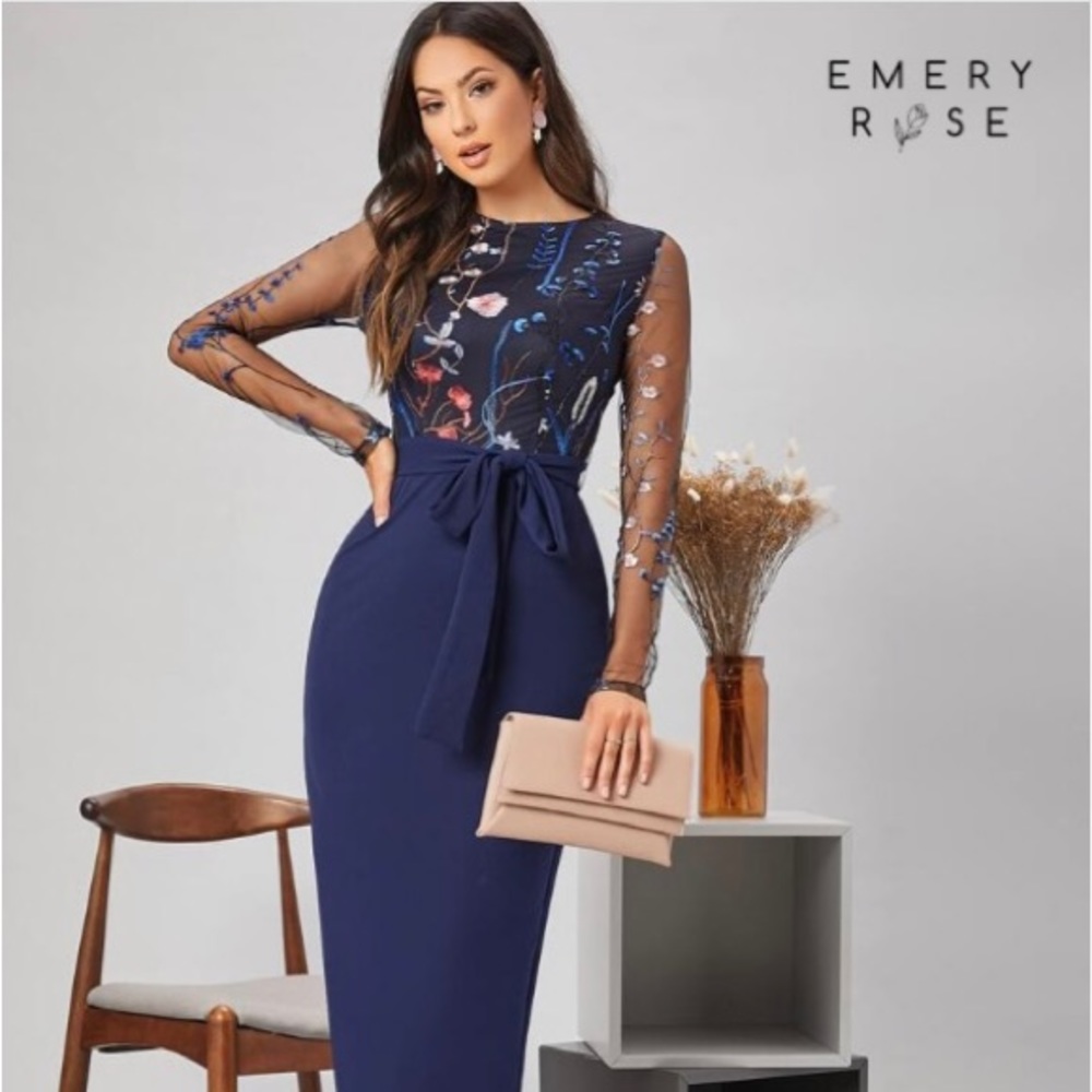 EMERY ROSE Belted Floral Embroidery Sheer Mesh Sleeve Dress. Size small or 2